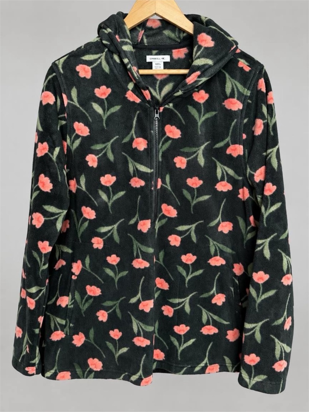 O'Neill Black Fleece Zip Jacket with Coral Floral Print